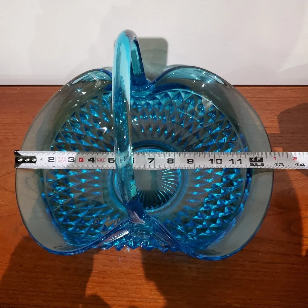 Vintage Tiara Exclusives Horizon Blue Diamond Point Glass Basket Centerpiece 70s